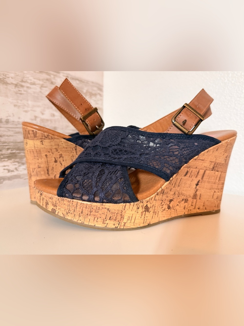 pop Navy Lace Crisscross Cork Wedge Sandals